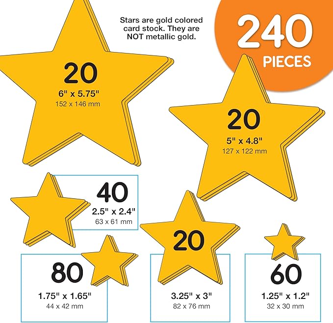 240 Pieces Star Cutouts, 2-Sided US Made Card Stock Punch Out Gold Stars for Bulletin Boards, Classroom Decor, Back to School DIY Craft Projects, Party Decoration, Hollywood Themed Events