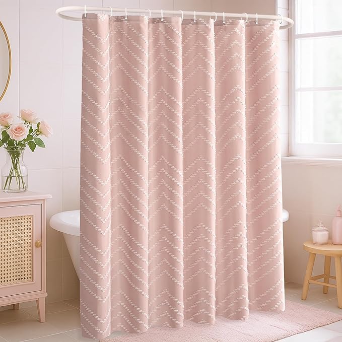 Long Blush Pink Boho Shower Curtain Cute Shower Curtain Textured Tufted Chevron Striped Minimalist 72 x 78 Bathroom Shower Curtains