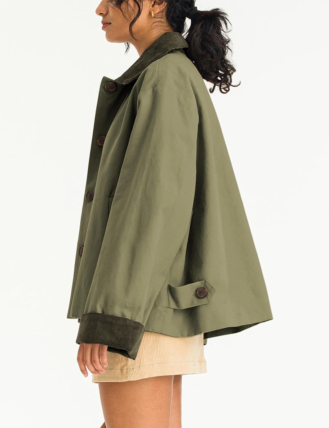 Viefent Women's Contrast Collar Crop Trench Coat - Casual Button Down Jacket with Pockets | Army Green, Large