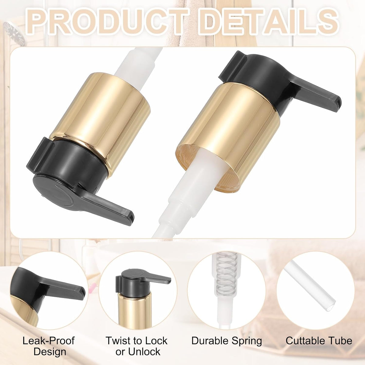 uxcell 2 Pcs Soap Dispenser Pump Heads, Hand Soap Dispensers Top Pumps Replacement Clip-on Pumphead for Standard 24/410 Neck Size Bathroom Lotion Shampoo Bottle, Gold Black