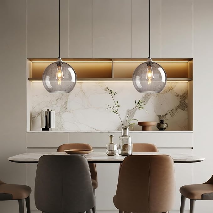 Light Grey Glass Pendant Lights Kitchen Island Globe Pendant Light Fixtures Modern Pendant Lighting for Bedroom Living Dining Room Light Fixture (9.84 in, 2 Pack)
