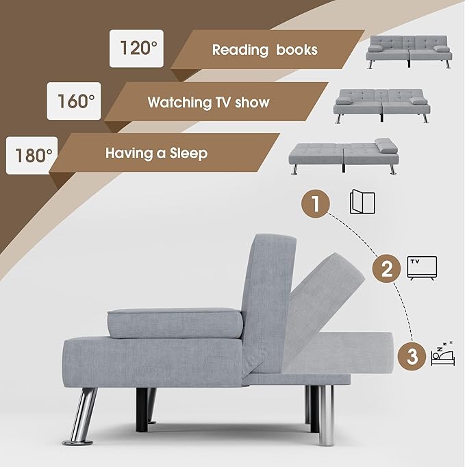 Flamaker Futon Sofa Bed Modern Folding Futon Set Linen Fabric Convertible Recliner Lounge for Living Room with 2 Cup Holders, Removable Armrests (Fabric, Light Grey)