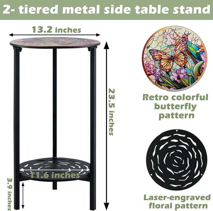 2 Packs Two-Tier Metal Round Side Table Set of Two Black Accent Coffee Tables Small Space Corner Plant Stand Shelf for Indoor Outdoor Use Patio Balcony End Table Weather-Resistant