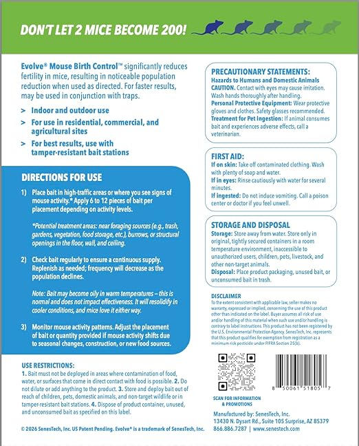 Evolve Mouse Birth Control Soft Bait Sausages – 3 lbs | Scientifically Proven Mouse Population Control | Not a Poison, Long-Term Population Management | Packaging May Vary