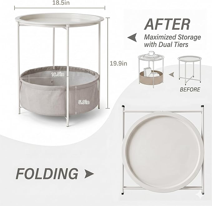 VECELO Round Side/End Table with Fabric Storage Basket，Metal Anti-Rust and Waterproof Small Bedside Nightstand with Removable Tray Top for Living Room，Balcony & Laundry，Beige/1pcs with Basket
