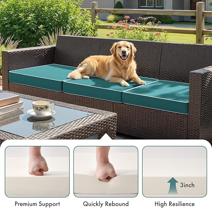 MIULEE Turquoise Outdoor Chair Cushions Set of 2, 22x22x3 Inch Waterproof Patio Seat Cushions for Outdoor Furniture Couch Sofa, 3 Year Color Fastness High Density Foam with Adjustable Ties