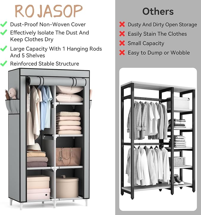 ROJASOP Portable Closet Wardrobe Closet for Hanging Clothes with 6 Storage Shelves, 1 Hanging Rod and 4 Pockets, Clothes Organizer and Storage Wardrobe Free Standing Closet for Bedroom, Grey