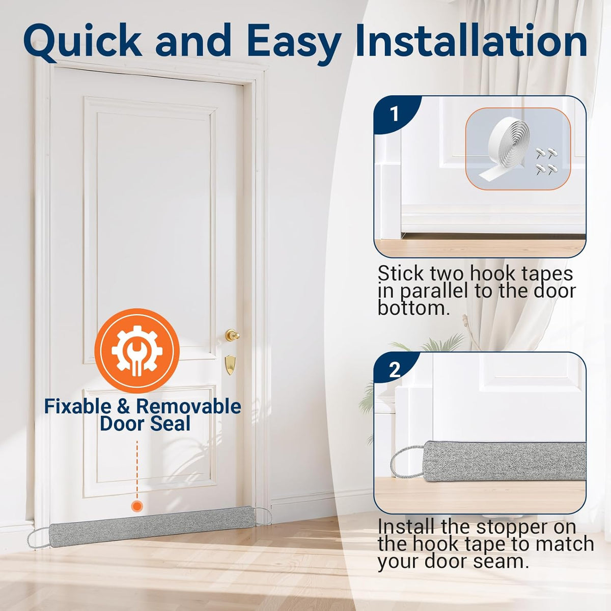 Door Draft Stopper for Bottom of Door, 36’’ Heavy Duty Under Door Draft Blocker Gap Filler, Door Seal for Noise Light Cold Air, with Adhesive Strips, Light Gray