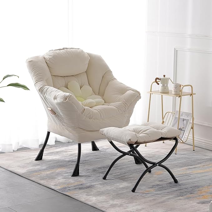 LITA Lazy Chair with Ottoman, Modern Accent Leisure Upholstered Sofa Chair, Contemporary Lounge Reading Chairs with Armrests and a Side Pocket for Living Room, Bedroom & Small Space, Beige