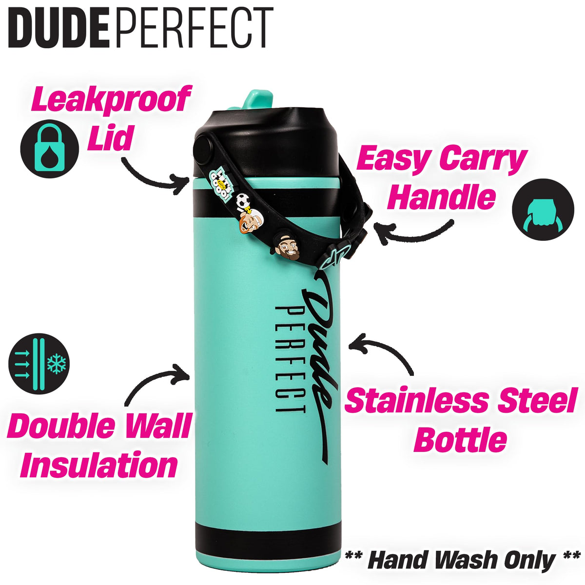 Dude Perfect Water Bottle with Rare Charms | Stainless Steel Double-Wall Vacuum Insulation | Leak Proof Flex Straw Lid | NOGGZ for Carry-Strap | Sports Grip Reusable Travel Cap for Kids | 24 oz Teal