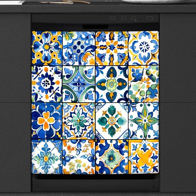 Dishwasher Magnet Cover Troditional Spanish Tile Pattern Reusable Dishwasher Magnetic Cover Sticker Decorative Dish Washer Door Cover Panel for Home Kitcen Appliance