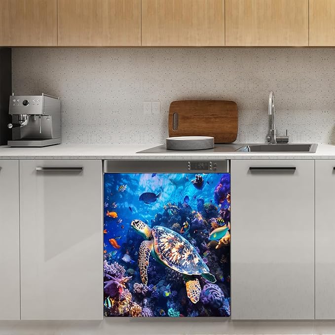 Ocean Fish Turtle Dishwasher Magnet Cover Decorative Refrigerator Covers Magnetic Reusable Dishwasher Door Cover Kitchen Appliance Sticker Cover 23x26Inch