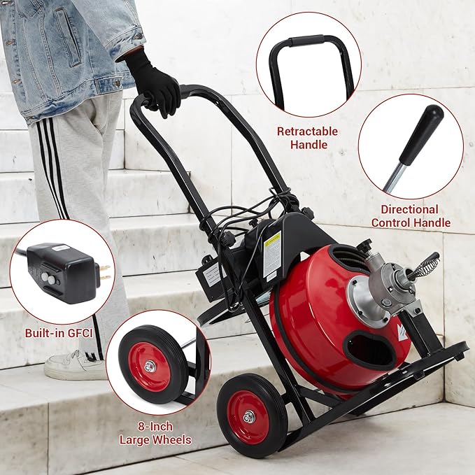 Auto Feed 100 FT x 3/8 in Drain Cleaner Machine with 370W Motor, Portable Sewer & Plumbing Snake Auger with 8 Cutters and Air-Activated Foot Switch, Electric Drain Snake for 1"–4" Pipes