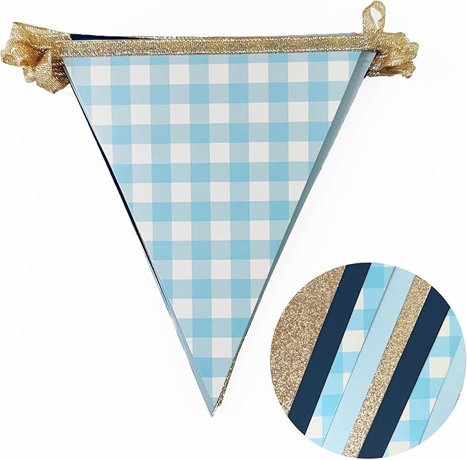Navy Blue Champagne Gold Dusty Blue Buffalo Plaid Pennant Banner Flag Hanging Glitter Paper Triangle Bunting for Birthday Baby Shower Wedding Bachelor Retirement Nautical Party Decorations Supplies