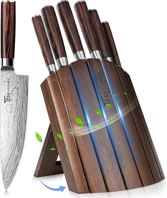 Knife Set 7 Piece Japanese Style Kitchen Knife Set With Foldable Magnetic Acacia Wood Block Sharp High Carbon Stainless Steel Knives Set for Kitchen with Anti-slip Ergonomic Handle