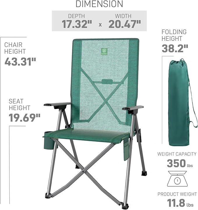 EVER ADVANCED Reclining Camping Chairs for Adult Lightweight, Portable Compact Folding Chair with High Back, 4-Level Recliner Chairs, Lawn Chair for Patio Balcony, Supports 350lbs, Stretch Mesh Green