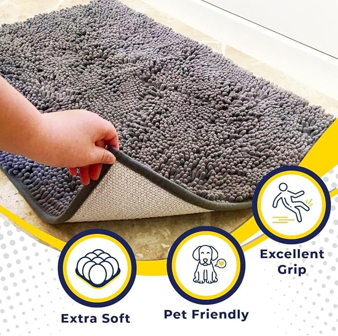 Muddy Mat® | Super Water Absorbent Door Mat Indoor, Microfiber Quick Dry Chenille Entryway Rug, Slip Resistant Front Door Mat, Indoor Mats for Entryway, Machine Washable Pet Rug, Grey 26" x 42"