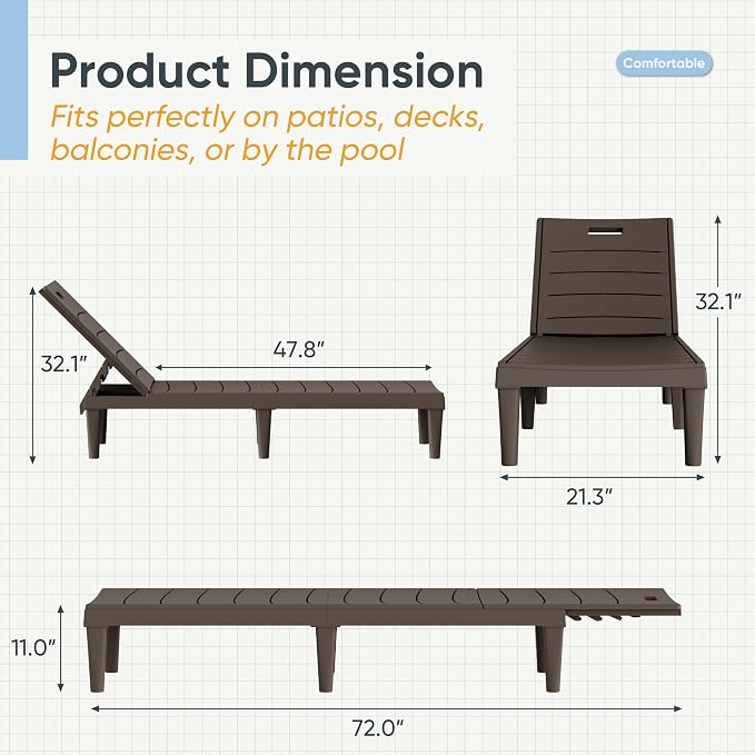 Greesum Outdoor Chaise Lounge Chairs Set of 2 with 5-Position Adjustable Backrest, Waterproof PP Sun Chaise Loungers for Garden Pool Beach Patio Deck Sunbathing, Brown