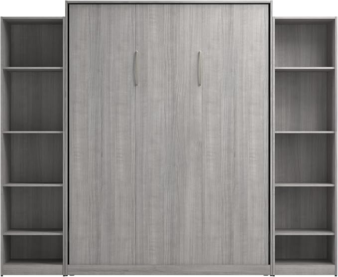 Bestar Claremont Queen Murphy Bed with Closet Organizers (105W) in Platinum Gray, Space-Saving Sleeping Arrangement for Multipurpose Room