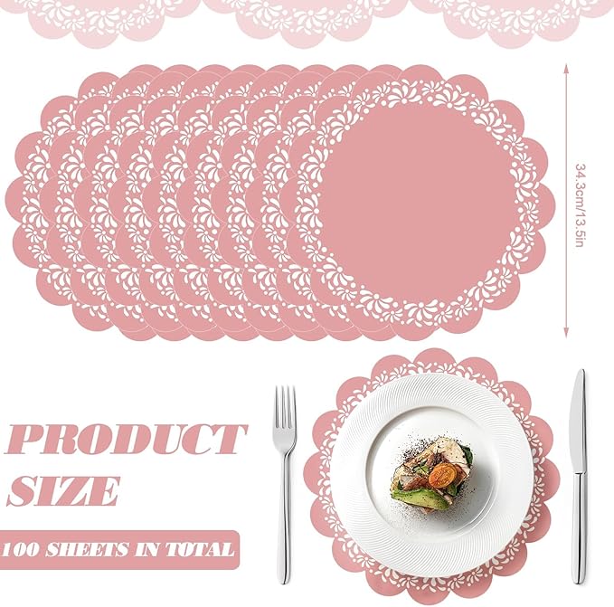 100 Pcs Pink Platos De Barro Mexicanos Paper Placemats 13.5 Inches Cielito Lindo Party Decoration Disposable Scalloped Cinco De Mayo Paper Placemats for Fiesta Mexican Baby Shower Decor