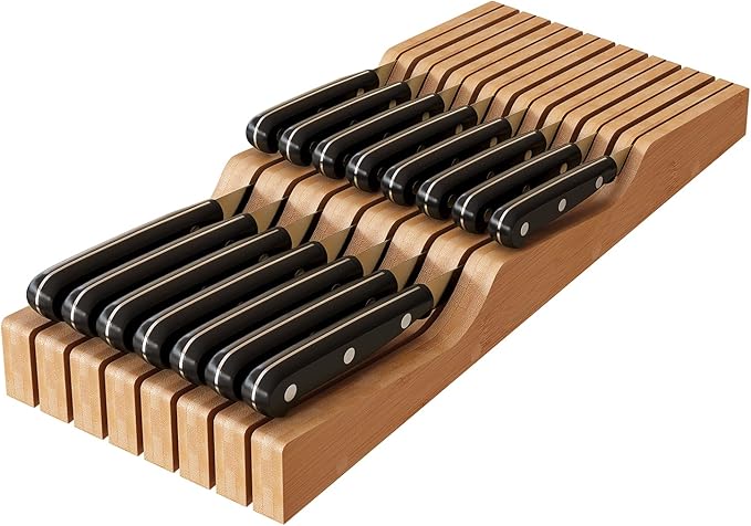 In-Drawer Knife Block Organizer - Bamboo Wood Drawer Knife Organizer-Protecting Knife Organizer Block (Not Included) (Natural, 15 Knives Dock)