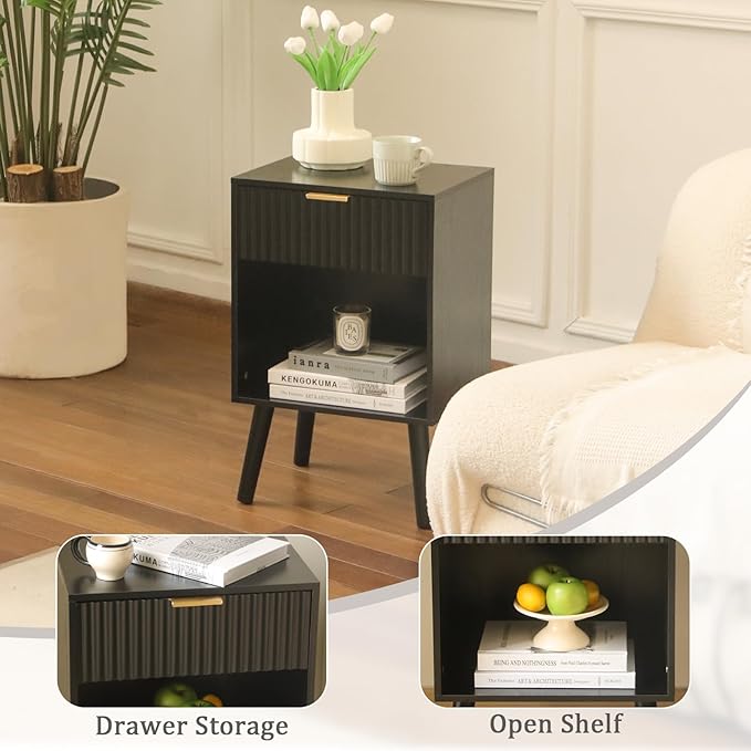 Fluted Black Nightstand with Charging Station, Mid Century Modern Bedside Table with Drawers and Outlet,Side Tables Living Room, Wooden Night Stand for Bedroom, Office (Black)