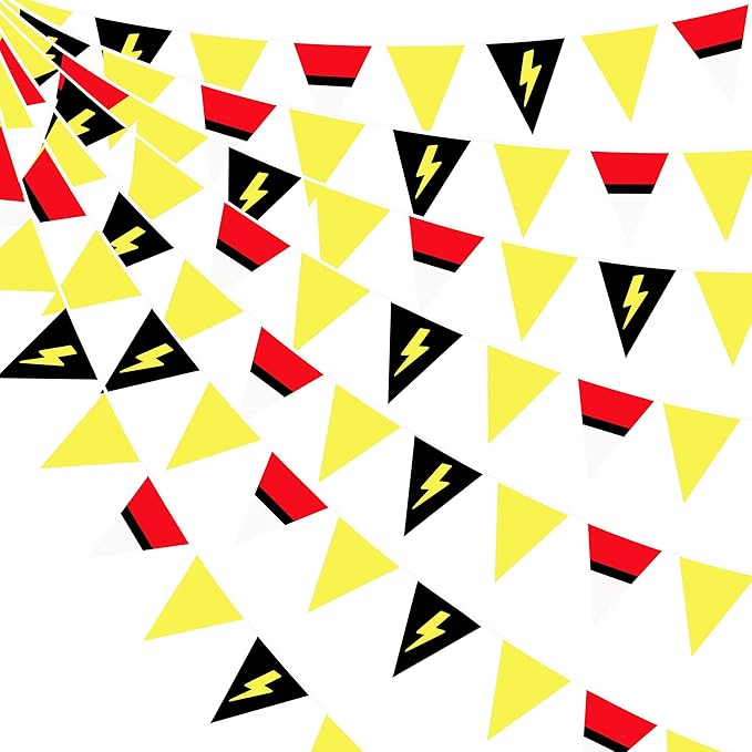 32Ft Cartoon Animation Party Decorations Red White Yellow Lightning Triangle Flag Fabric Banner Pennant Garland Streamer for Cartoon Birthday Animated Baby Shower Video Games Party Decor Supplies