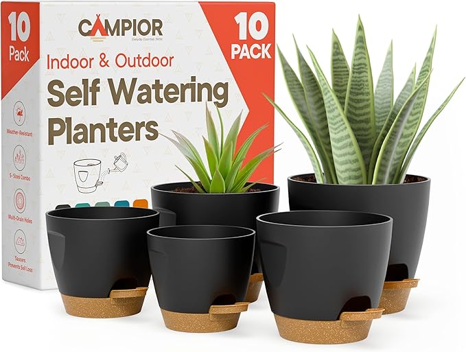Black Self Watering Pots 10 Pack, Indoor and Outdoor Plant Pots with Wick Rope & Drainage Holes, Easy Watering Lip, Lightweight Plastic Self Watering Planter for Succulents, Houseplants, and Herbs