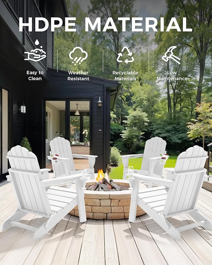 Adirondack Chairs Set of 6, Fire Pit Chairs, Wood Texture Patio Chairs with 2 Cup Holder, Outdoor Lawn Chair, White