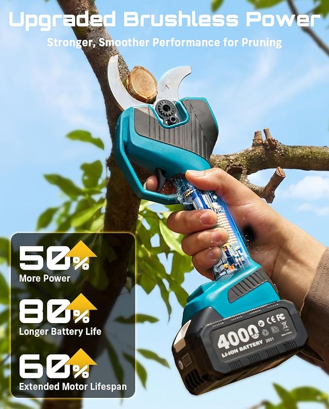 SEESII Electric Pruning Shears Cordless: 2.2" Cutting Diameter Power Cordless Pruner, 2*4000mAh Batteries, Brushless Motor, Extra SK5 Blade, 4 Modes Adjustable Garden Shears for Tree Flower Trimming