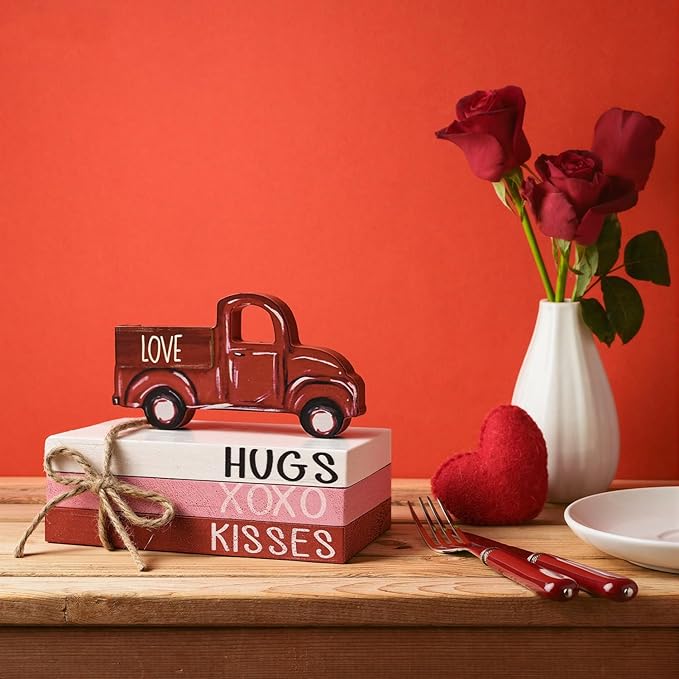 Smile Valentine's Day Wooden Book Decor Red Truck, LOVE XOXO HUGS & KISSES Signs, Valentine Indoor Decoration