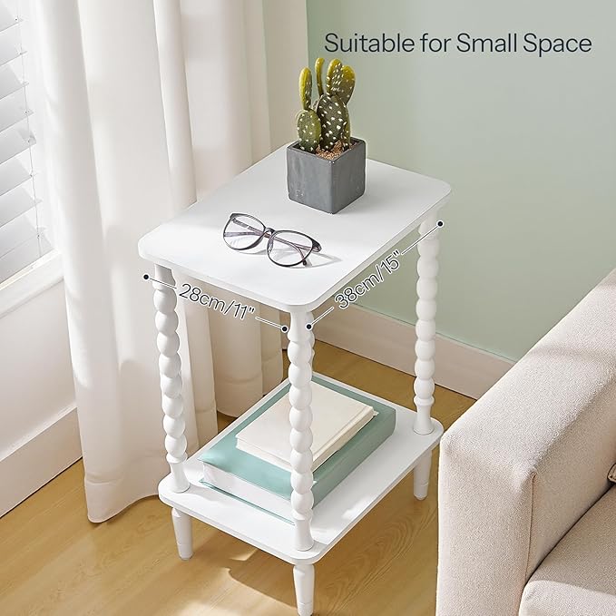 HOOBRO End Table, 2-Tier Small Side Table with Spindle Legs, Nightstand with Storage Shelves, Sofa Side Table, for Small Space, Living Room, Bedroom, White WT189BZ01