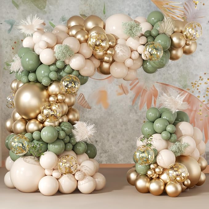 Sage Green and White Gold Balloons Arch Garland Kit 164Pcs Different Sizes Balloons 18 10 5 Inch for Baby Shower Bridal Shower Birthday Wedding Party Decorations
