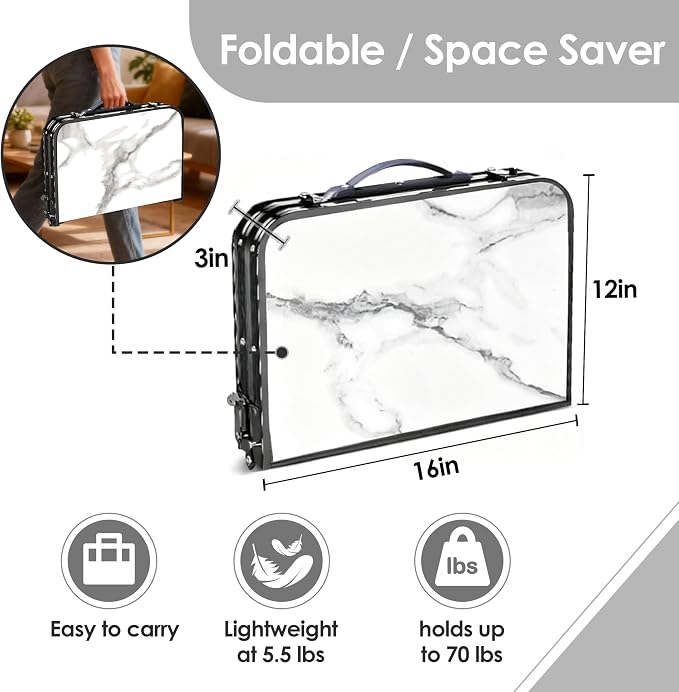 Folding TV Trays Foldable Dinner Tray Table Adjustable Height Food Snack Eating Couch Side Table Sturdy Aluminum Portable Sofa Tray End Table for Outdoor Indoor Camp Pinic Bed Couch Living Room Marble