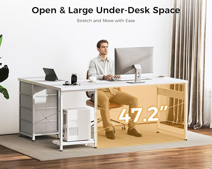 AODK L Shaped Gaming Desk with 4 Drawers, 61" Reversible Home Office Desks with Power Outlets, L Shaped Computer Desk with USB Charging Port and Host Stand, Corner Desk, Easy to Assemble, White