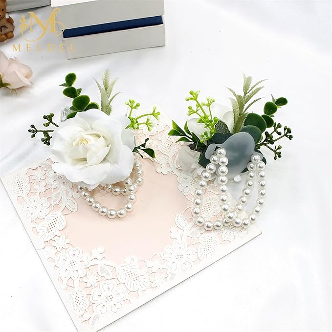 Meldel White Rose Wrist Corsage, Pack of 2 PCS Wedding Bridal Wrist Flower Corsage Hand Flower Artificial Silk Rose Decor for Prom Party Wedding