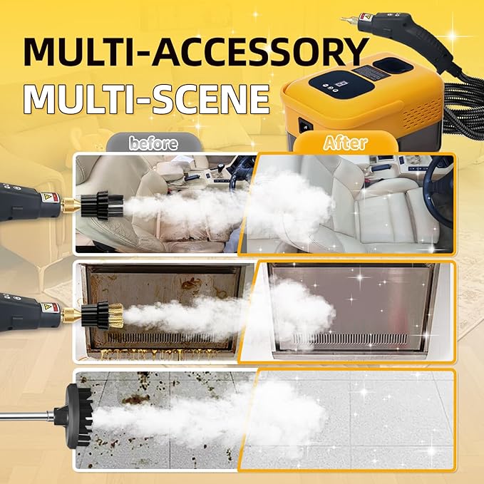 Heavy Duty Handheld Steam Cleaner, 15s Heat-Up, 9-Level Adjustable 2500W Pressurized Steamer for Cleaning with 14 Accessories, Multipurpose Portable Steam Cleanr for Home, Car, Grease, Grout（Yellow）