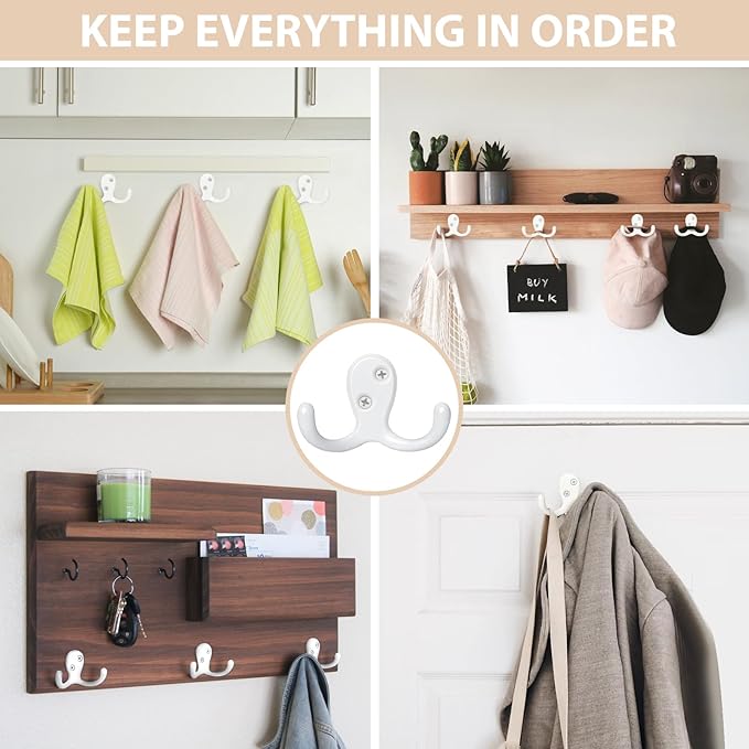 Homanu 24 Pack Coat Hooks, Heavy Duty Double Prong Coat Hooks Wall Mounted