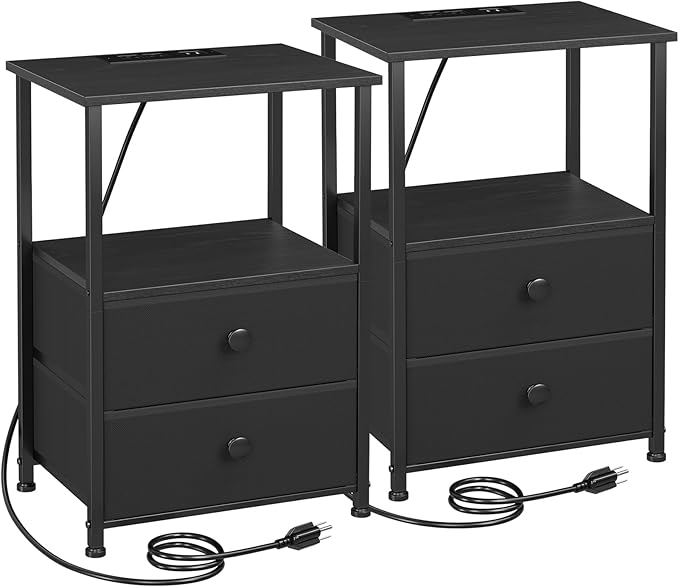 Night Stand Set 2, Black Nightstand with Charging Station, End Tables with Storage Shelf for Small Spaces, Bedside Table Side Tables with 2 Fabric Drawers for Bedroom, HETS020BK