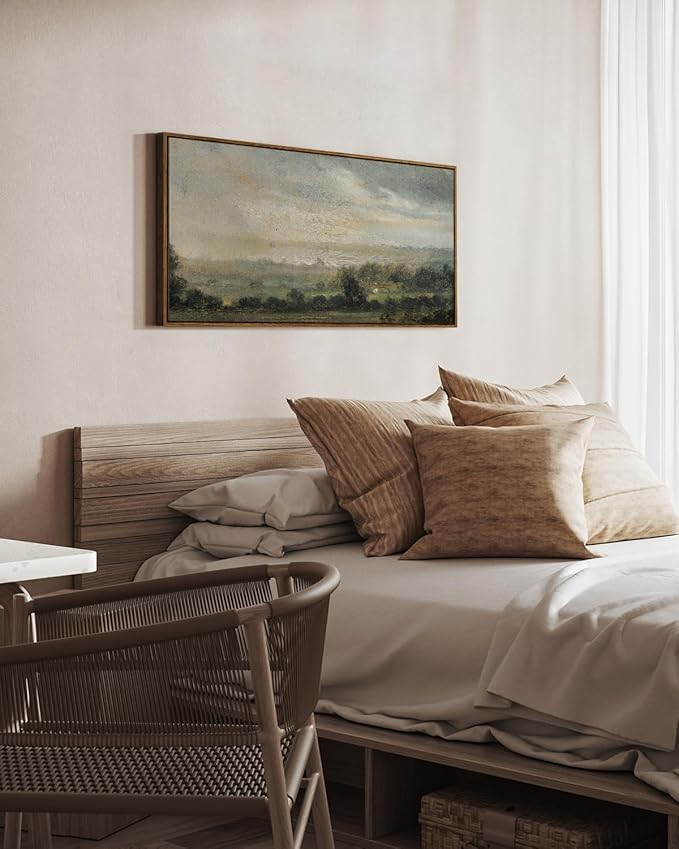 InSimSea Extra Large Framed Vintage Wall Art, Living Room Country Farmhouse Decor, Wild Field under Sky Landscape Paintings, Canvas Prints, Scenery Long Picture for Bedroom Above of Bed,24x48inch