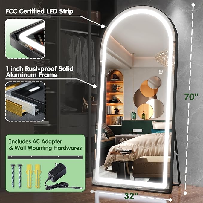 FENNIO Full Length Mirror with Lights, Free Standing Lighted Floor Mirror