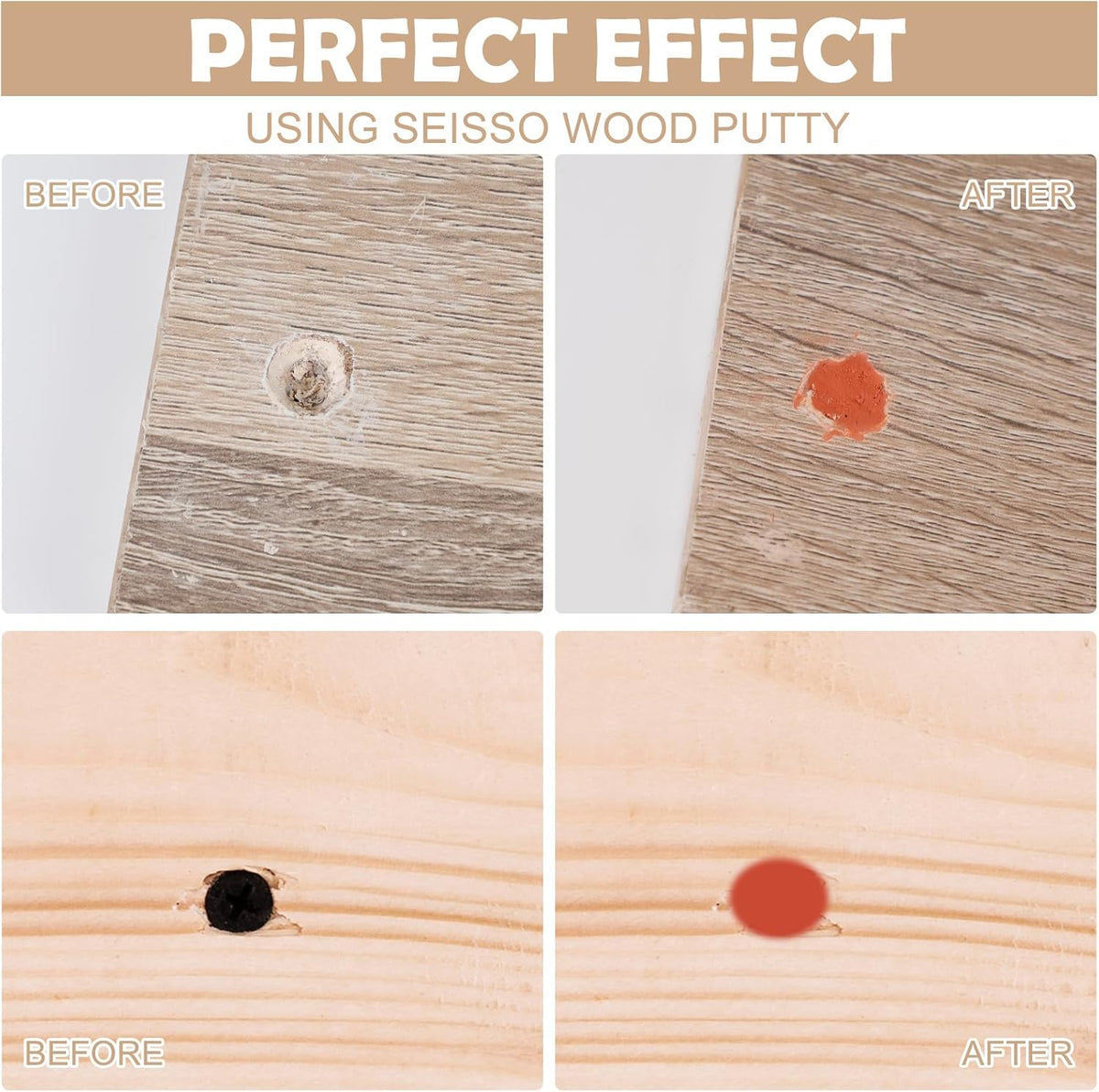 SEISSO Wood Putty, Mahogany Wood Filler Paintable, Wood Putty Outdoor Waterproof, Wood Repair Putty Stainable, Wood Furniture Repair kit - Restore Wooden Table, Cabinet, Floors, Door