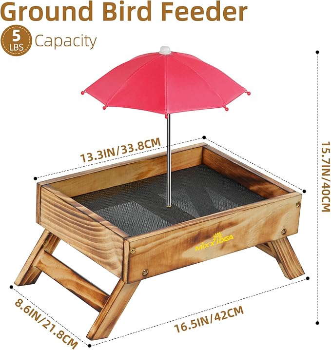 Ground Bird Feeder for Outdoors Bird&Squirrel Feeder Wooden Chicken Picnic Table Platform Feeder Wild Bird Feed Crow Feeder for Outside with 5 LBS Capacity (Brown)