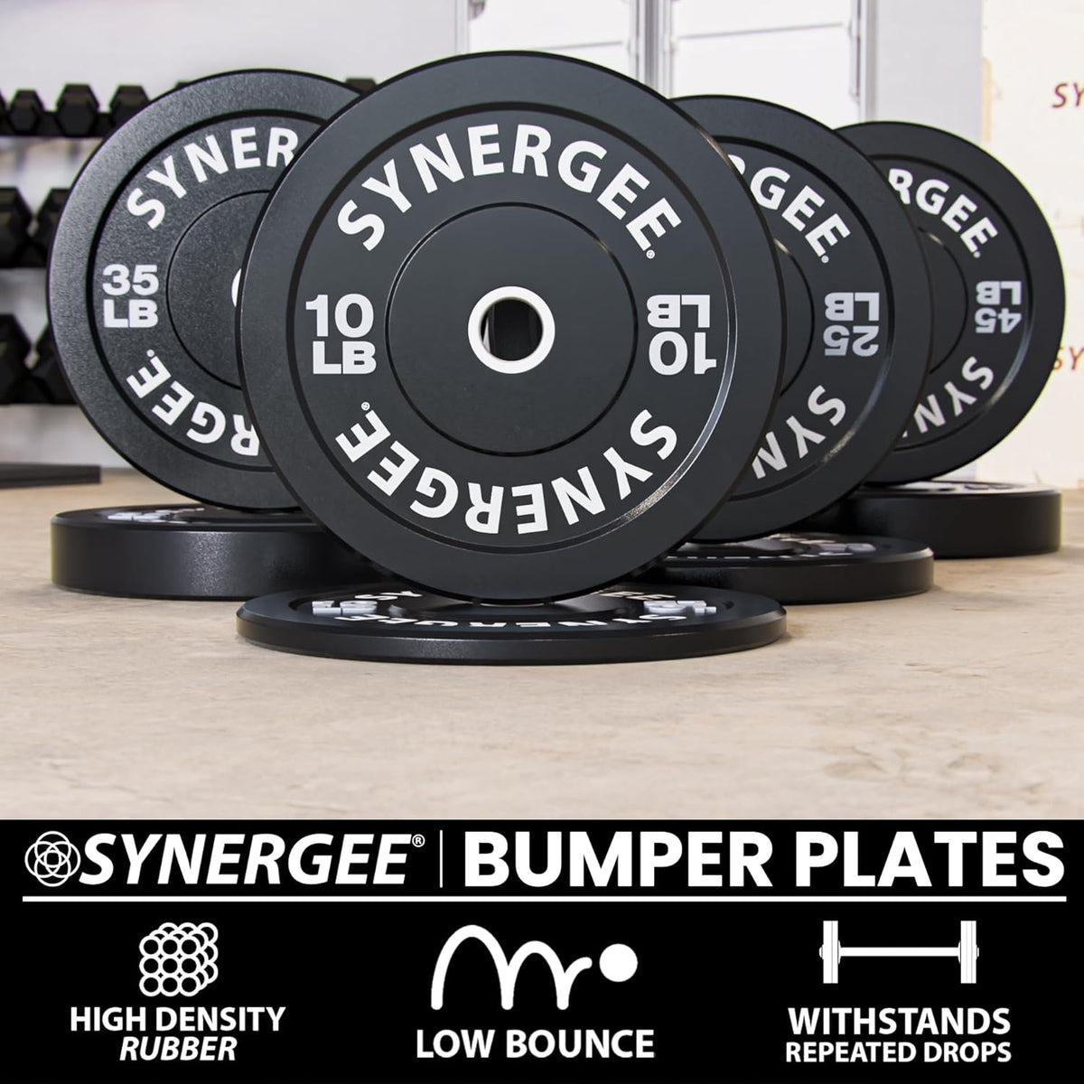 Synergee Bumper Plates – Durable Olympic Weight Plates, Low-Bounce Rubber for Strength Training, Powerlifting, and Functional Workouts.