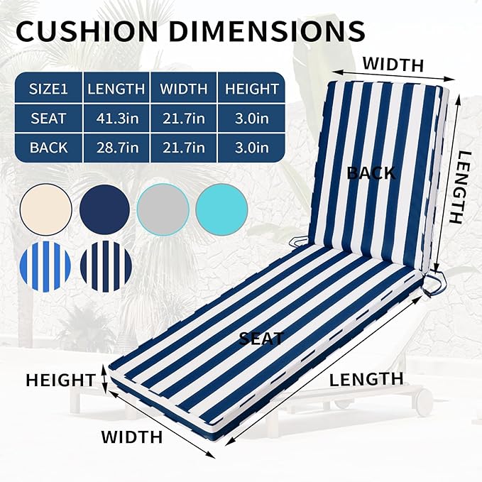 Outdoor Chaise Lounge Cushions for Patio, 72"x22"x3" Lounge Chair Cushions, Waterproof Replacement Seat Cushions for Outdoor Furniture