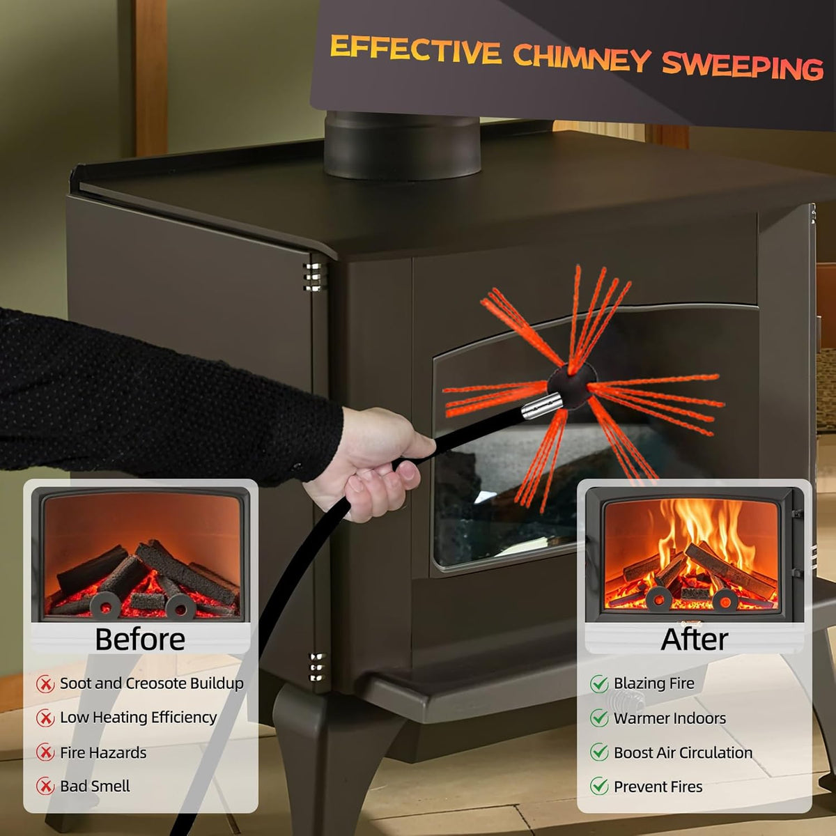 26 Feet Chimney Sweep Kit, Chimney Cleaning Kit with 8 Flexible Black Chimney Rods, Chimney Brush for Sweeping Fireplace, Rotary Chimney Cleaning System Driven by Drill
