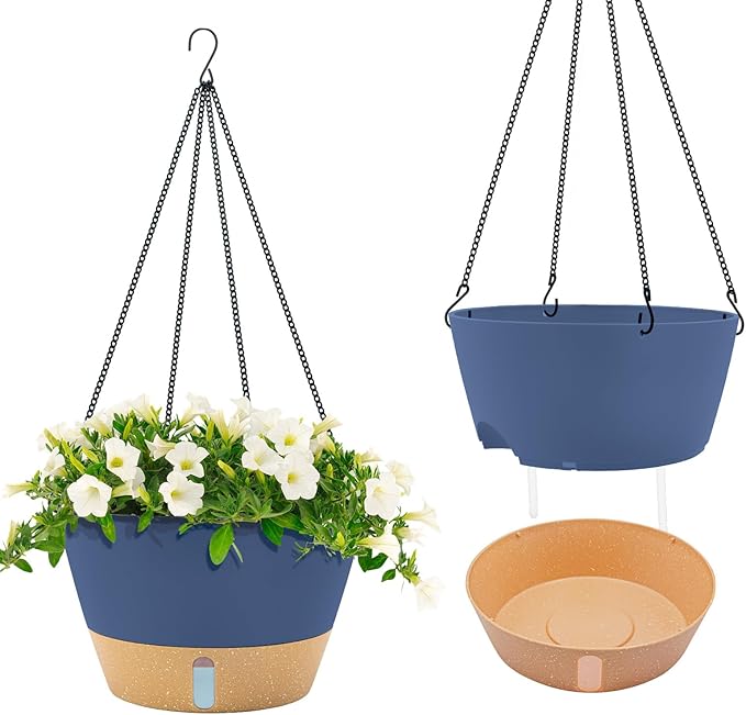 ZMTECH 12 Inch Hanging Planters for Indoor, 2 Pack Large Plant Pot with Visible Water Level and Chain, Self Watering Hanging Flower Pot for Outdoor Garden Porch(Blue)