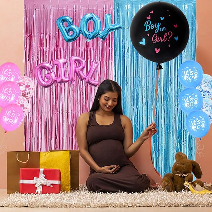 Boy Or Girl Gender Decorations - Pink And Blue Balloons With Fringe Curtains For Gender Reveal Party Photo Backdrop