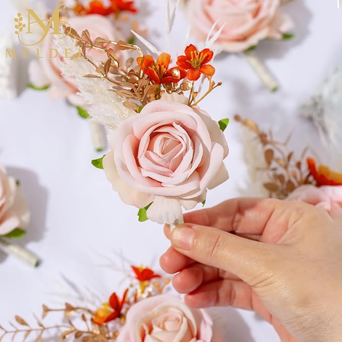 Meldel Pink Wrist Corsage and Boutonniere Set, Flower On Wrist for Bride Bridesmaid Wedding, Boutonniere for Men Groom Groomsman Wedding Accessories Prom Party Suit Decorations