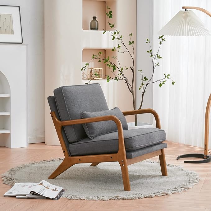 Bonnlo Linen Dark Grey Accent Chairs Set of 2, Upholstered Mid Century Modern Lounge Chairs Reading Chairs Side Sitting Chair Solid Wood Farmhouse Armchairs for Living Room, Bedroom, Guest Room
